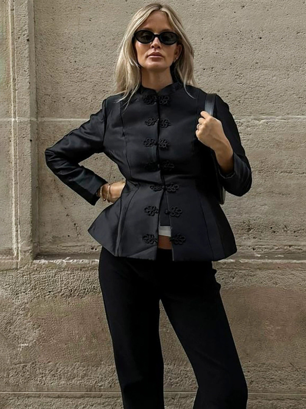 ZARA Spring Summer New Black Mock Neck Frog Button Long Sleeve Jacket
